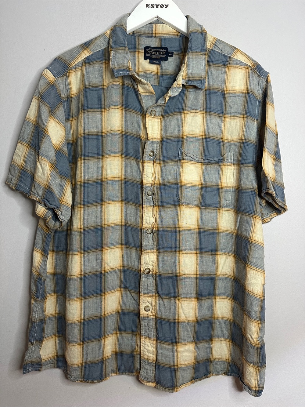 Pendleton Blue and Cream Plaid Short-Sleeve Button-Down Linen Blend Shirt XXL